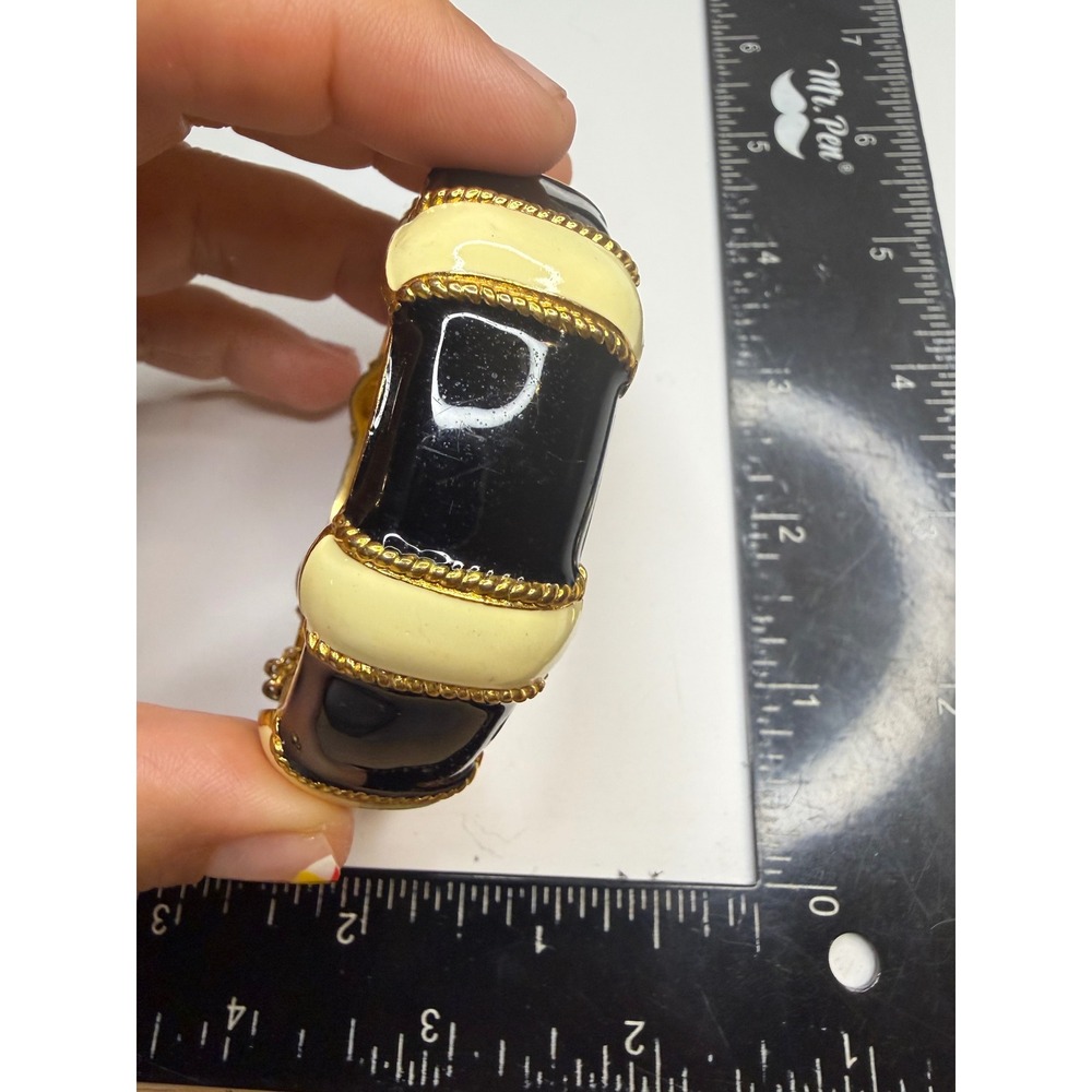 J.Crew Enamel Hinged Bangle Bracelet Gold Tone Black Cream Chunky Statement
